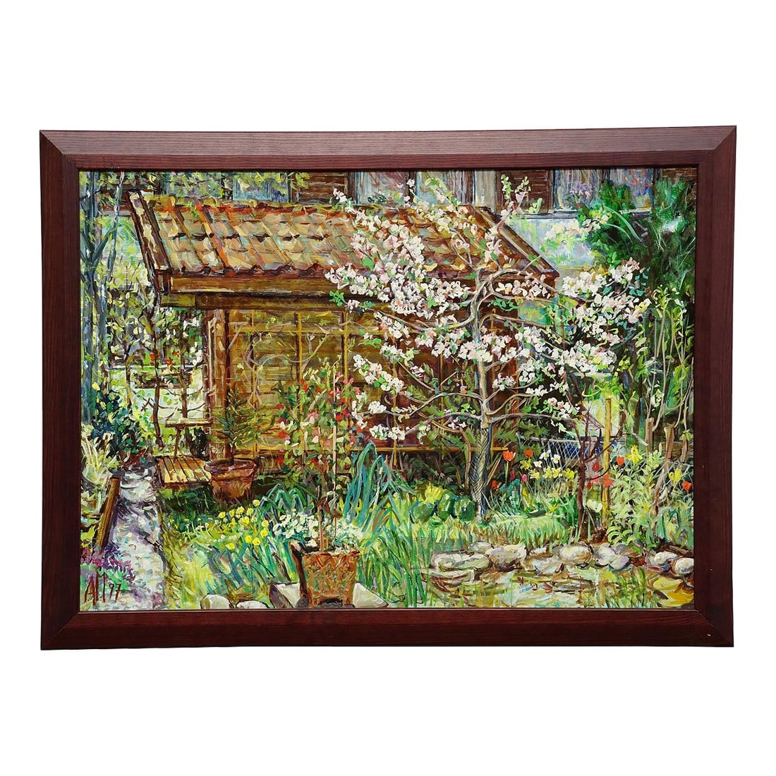 Garden With Blooming Apple Tree – Oil Painting by Alexander Michael, 1997: Garden with Blooming Apple Tree – Oil Painting by Alexander Michael, 1997 This oil painting from 1997 captures a tranquil spring garden scene centered around a blooming apple tree. Its delicate