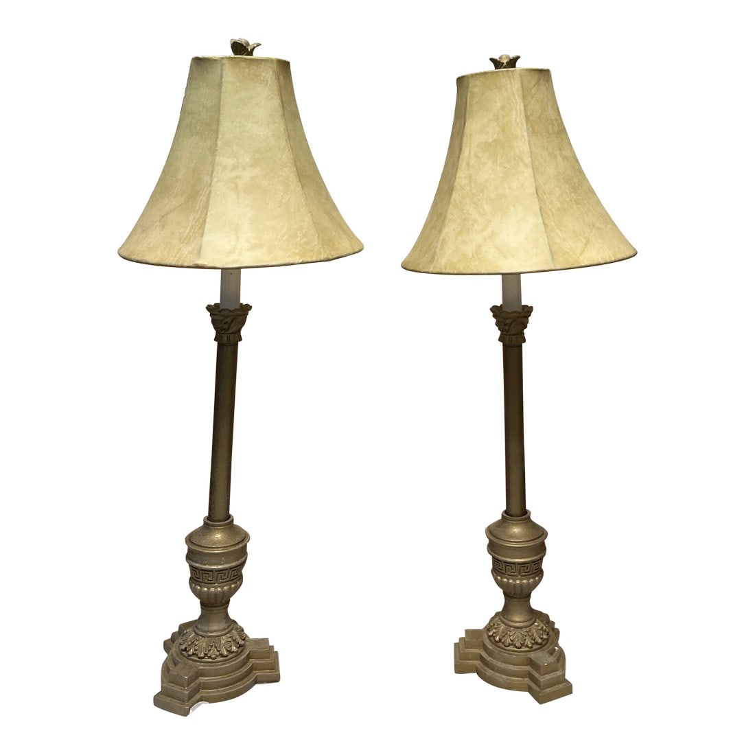 Pair of 1970s Skinny Brass Table Lamps With Greek Key Accents: Up for consideration is a beautiful vintage pair of skinny brass table lamps with Greek key accents. These would look lovely in your living or bedroom space, and they're perfect for the interior desig