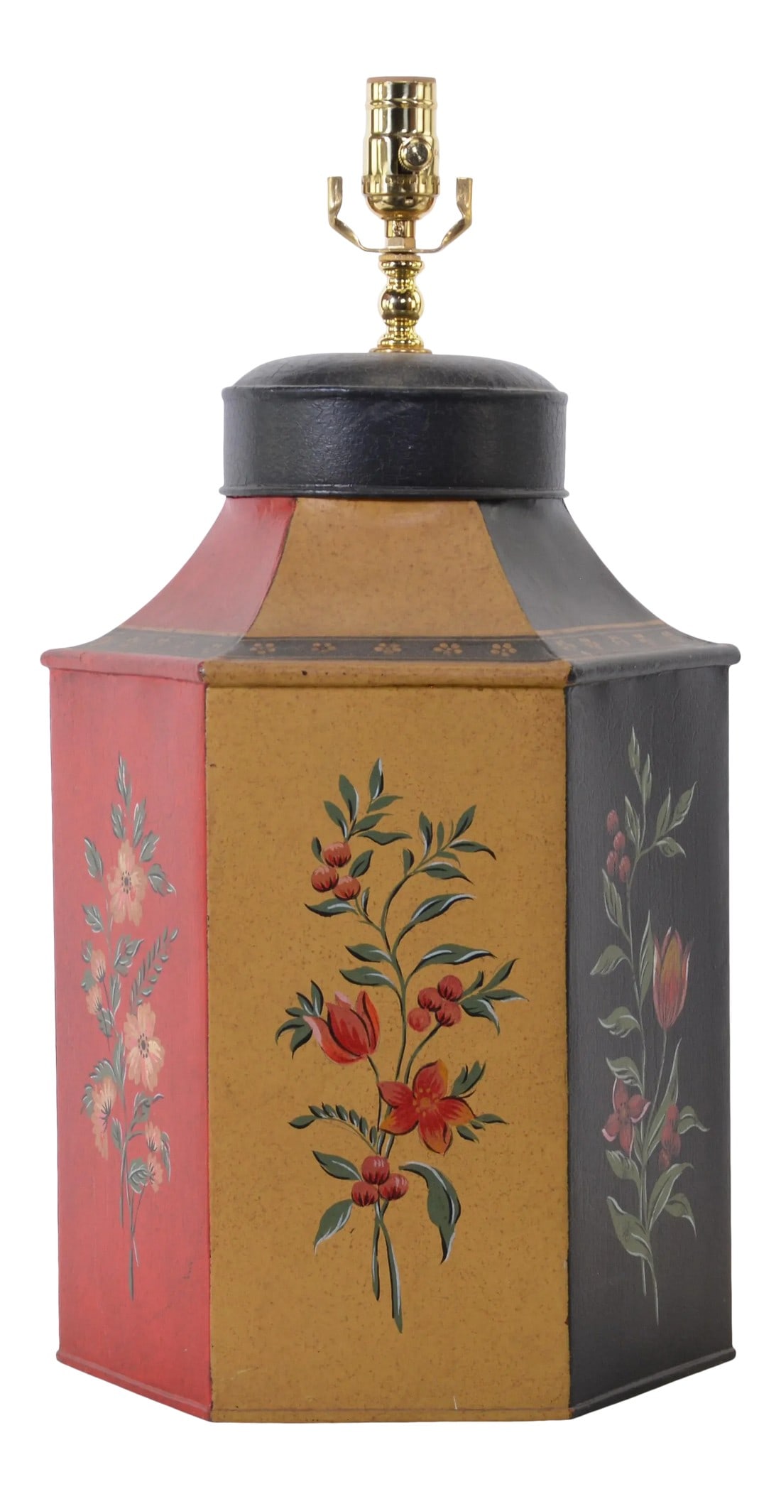 Vintage English Tea Caddy Table Lamp: Vintage English Tea Caddy table lamp,The artist hand-painted various flowers on each face of the hexagonal tea caddy, which has a very good decorative effect. Condition: Imperfections: Some