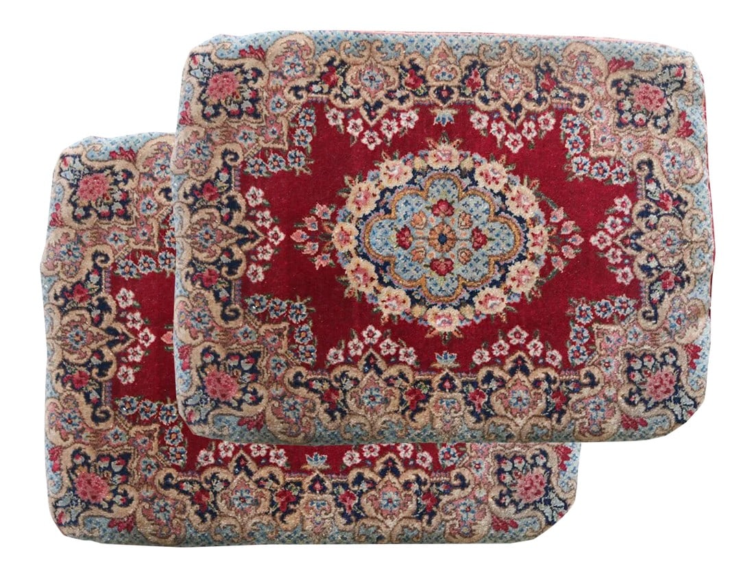 Antique Persian Mat Pillows - a Pair: circa 1920, Wool Kerman pillows Insert INCLUDED. Great for sitting in the floor or as a decor on the shelf or the wall. These are a pair and should be displayed together. Bright and beautiful colors. 