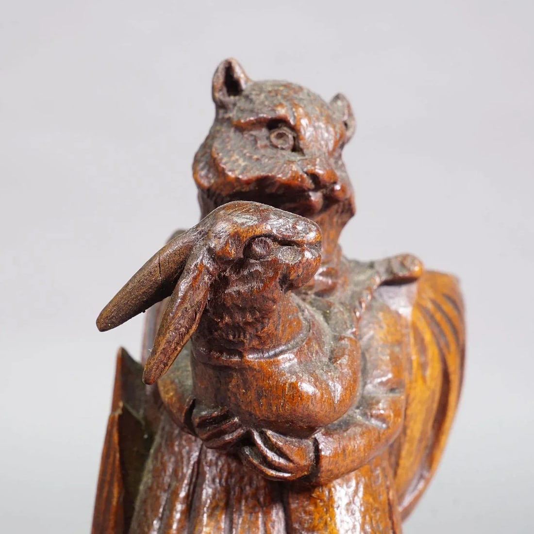 Wooden Sculpture Cat With Rabbit Handcarved Ca. 1900s - 2