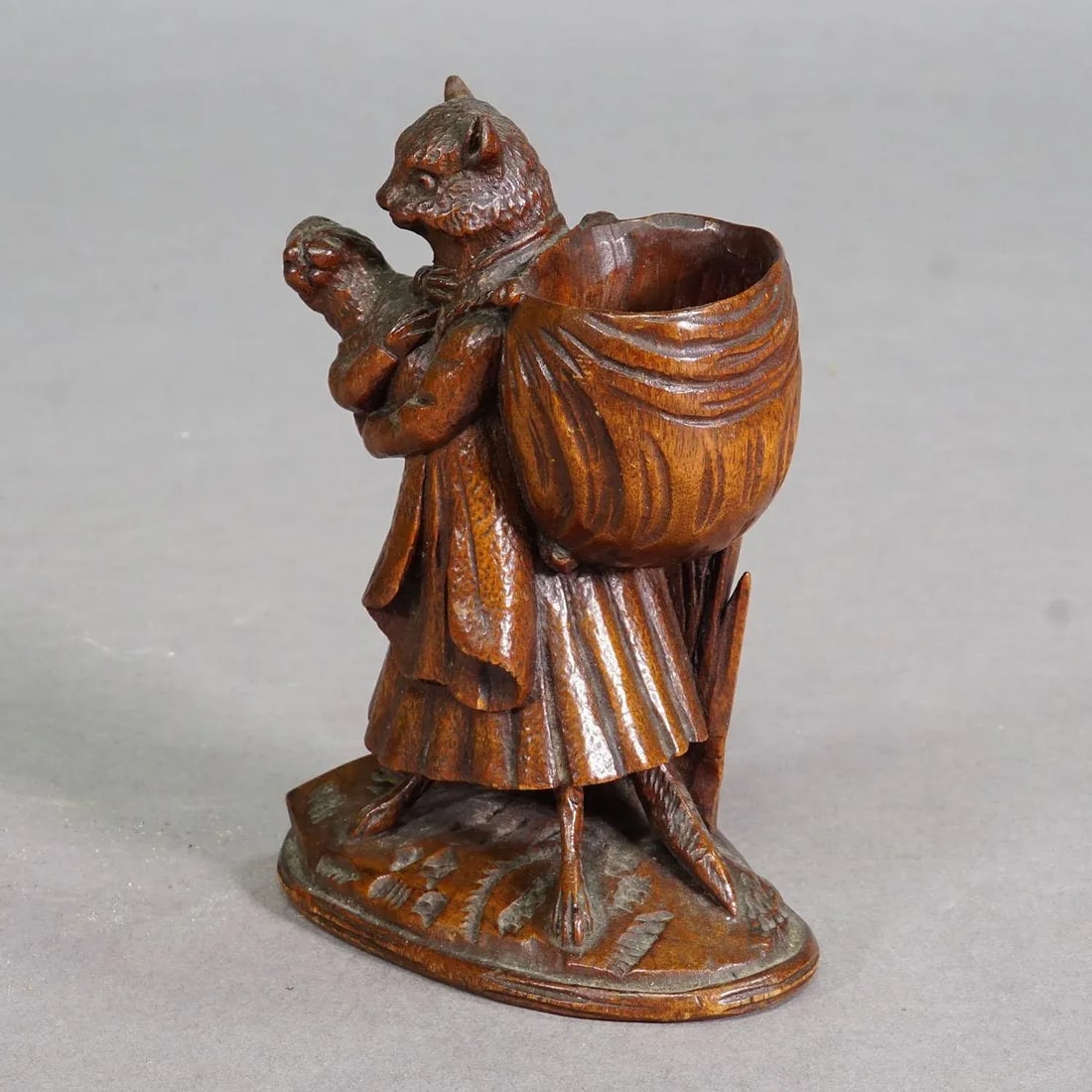 Wooden Sculpture Cat With Rabbit Handcarved Ca. 1900s - 3