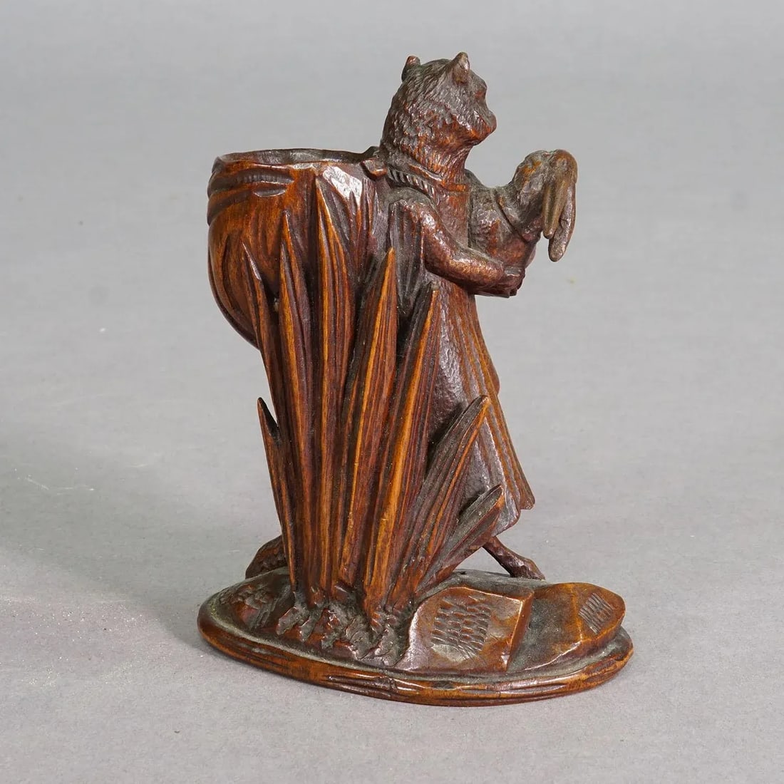 Wooden Sculpture Cat With Rabbit Handcarved Ca. 1900s - 4
