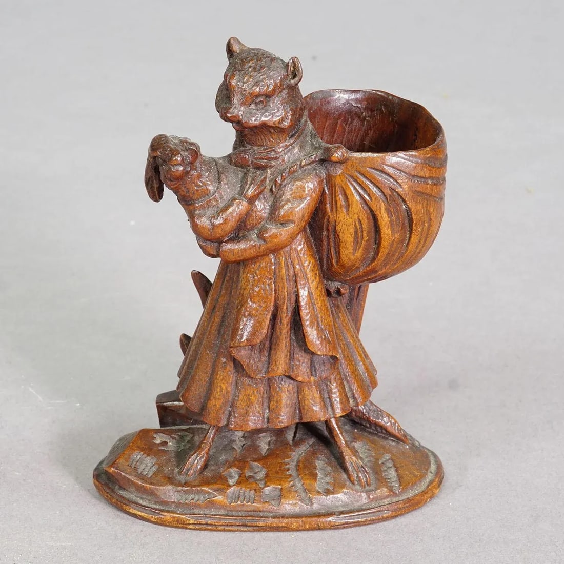 Wooden Sculpture Cat With Rabbit Handcarved Ca. 1900s - 5