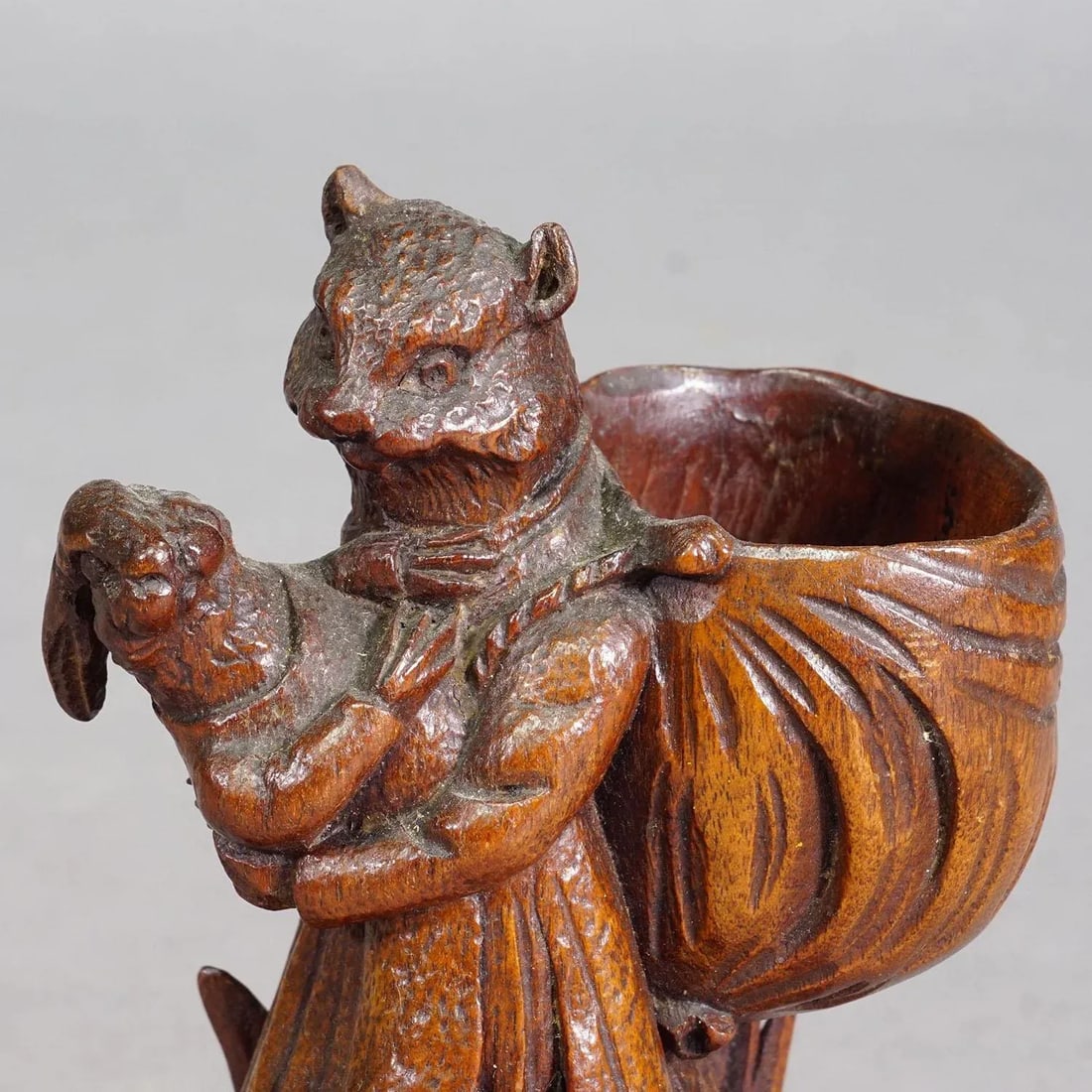 Wooden Sculpture Cat With Rabbit Handcarved Ca. 1900s - 6
