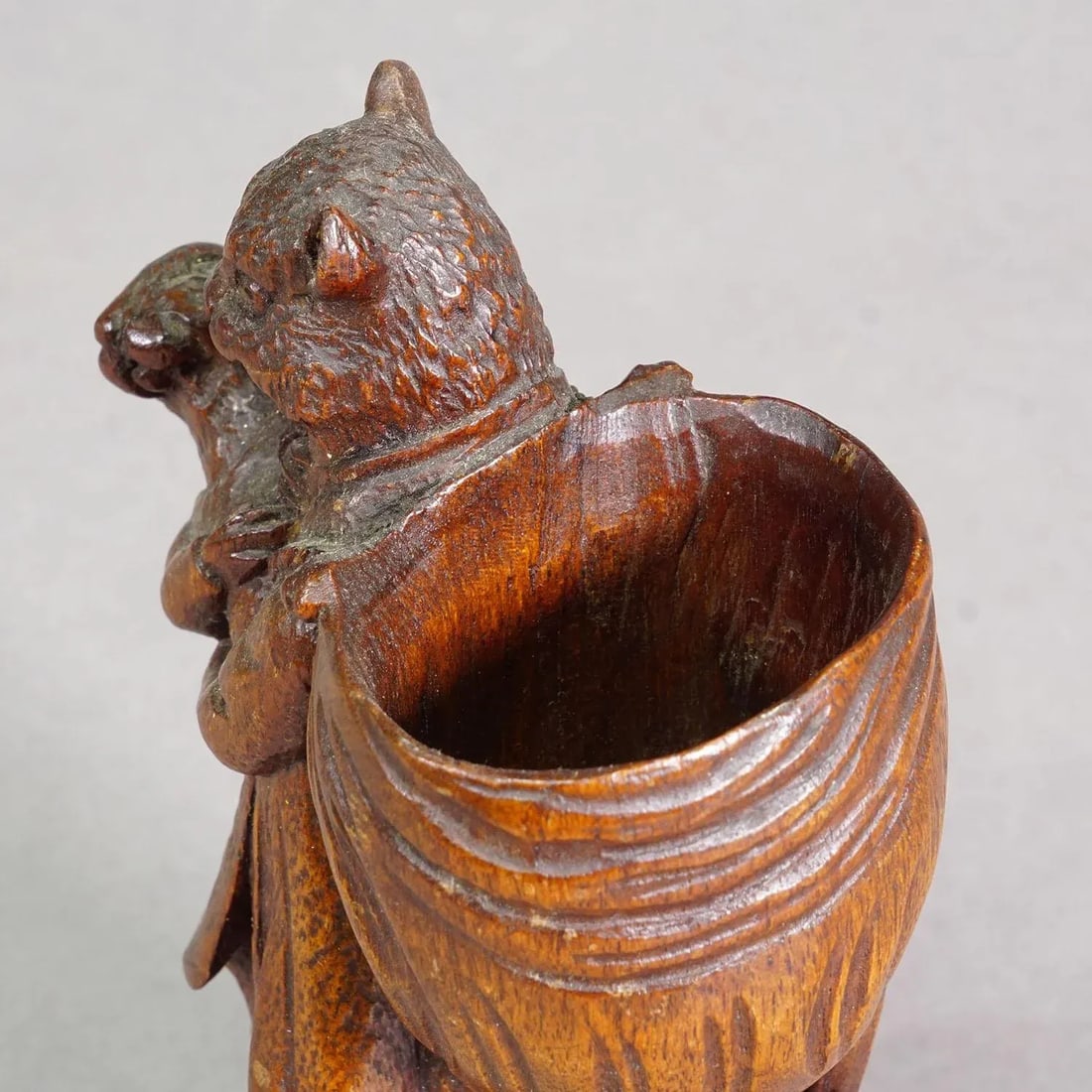 Wooden Sculpture Cat With Rabbit Handcarved Ca. 1900s - 9