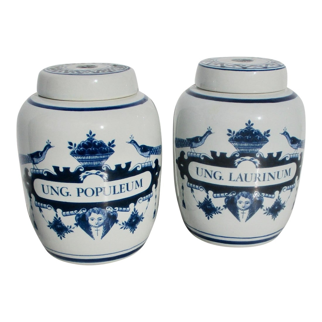 Pair of Delft Apothacary Jars- A Pair of 2: Delft Porcelain blue and white apothecary jars Laurinum, laurel oil, and Ung. Populism, anointing oil. A fine pair of 19th-century models of Latin medical ingredients. The measurements are 5" tall