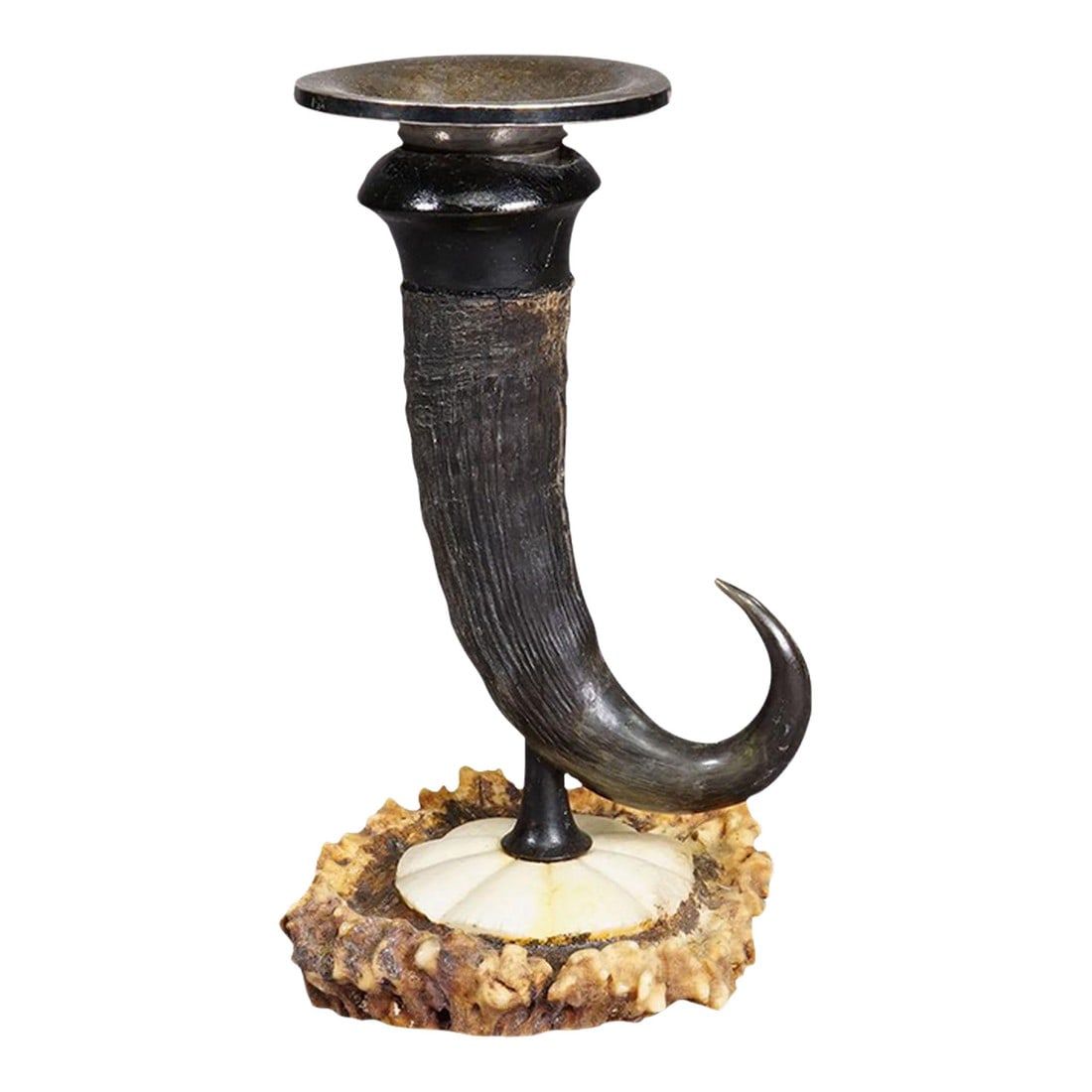 Antique Candle Stick With Real Chamois Horn, Circa 1900s: Antique Candle Stick With Real Chamois Horn, circa 1900s An antique candle holder, made of a genuine chamois horn and a carved deer horn rose as base. The naturally curved horn is mounted vertically