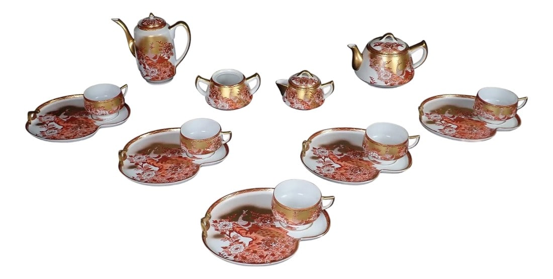 Early 20th Century 14-Piece Japanese Gilt and Painted Tea and Dessert Serving Set with Peacock (1 of 12)