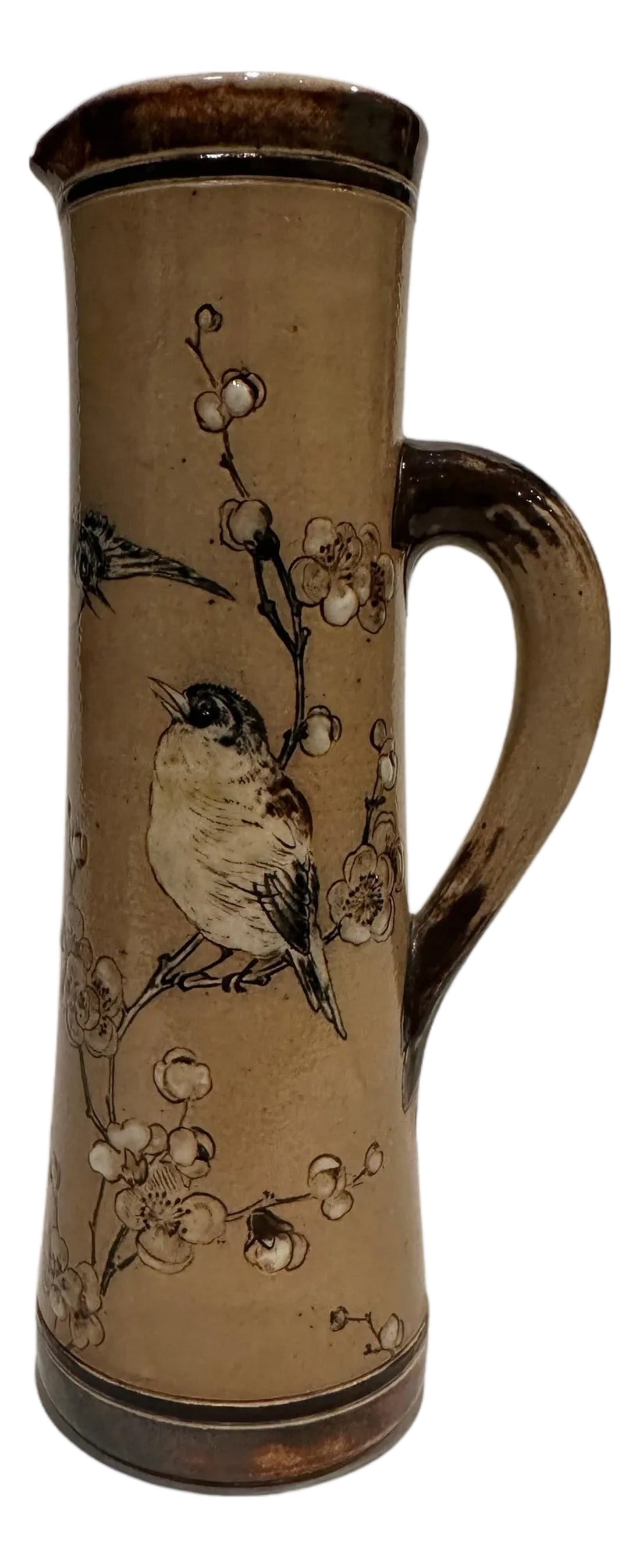 Late 19th Century R.W. Martin & Bros. Ceramic Pitcher: Beautiful pitcher decorated with small birds and butterfly among branches of cherry blossoms. Tan ground with shades of brown and whites. Incised RW Martin & Bros, London & Southall, 3-1886.