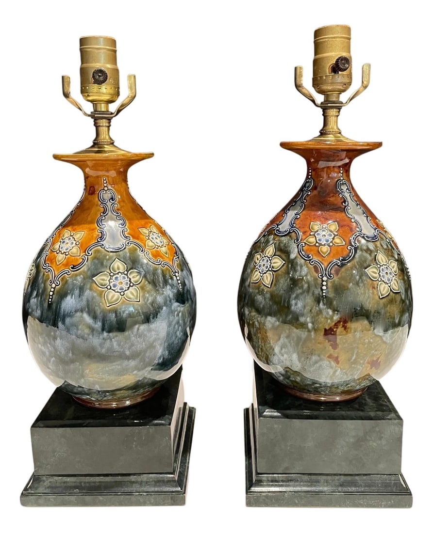 Late 19th Century Pair of Royal Doulton Blue Glazed Vases as Lamps (1 of 6)