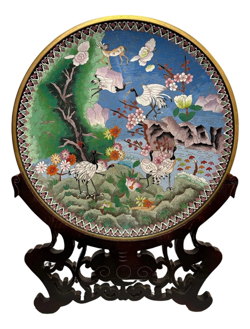 Late 20th Century Large Chinese Enamel Bronze Cloisonne Charger: Large Chinese enamel bronze cloisonne charger. Unusual and rare bronze Chinese Cloisonne charger. The brightly multicolored enamel decoration features Crane birds and many colorful florals, trees,