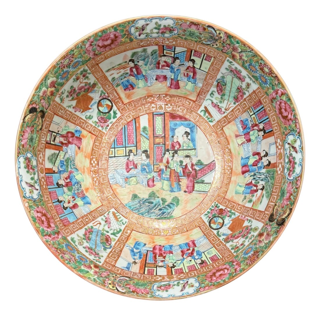 Late 19th Century Antique Qing Chinese Famille Rose Canton Porcelain Bowl: Antique Qing Chinese Export Famille Rose Canton Porcelain Punch Bowl with multiple painted panels. The exterior of this gorgeous bowl is decorated with multiple panels which include the emperor and