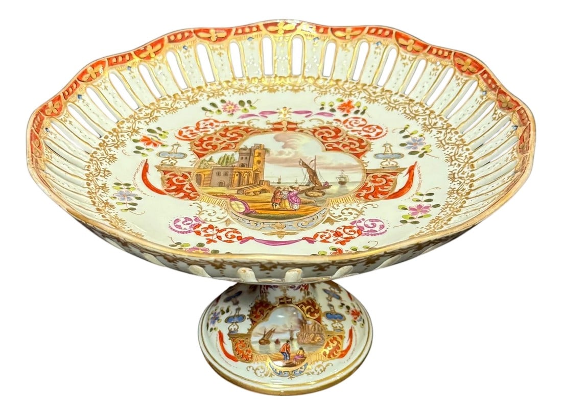 Mid 19th Century Augustus Rex Helena Wolfsohn Gilt, Painted And Reticulated Compote: Antique porcelain centerpiece/fruit plate on pedestal by Augustus Rex Helena Wolfsohn. Tazza/compote, decorated with terracotta, gold and hand painted harbor scenes. Traditional used to serve or