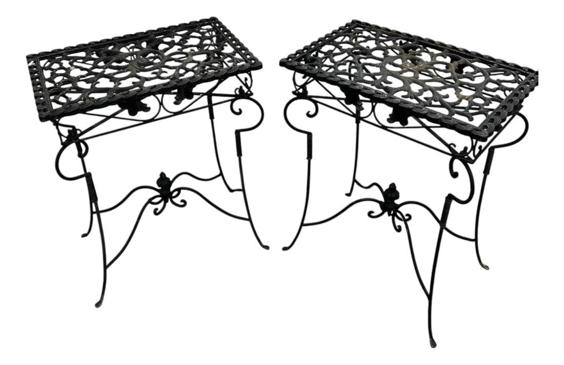 Cast Iron, Garden District, French Style, Side or Drink Table - A Pair: Vintage black cast iron garden district, French style side or drink tables with bowed steel legs. Lovely addition to your indoor or covered terrace seating area. Each measures 17.5" w x 11.5" d x 22"