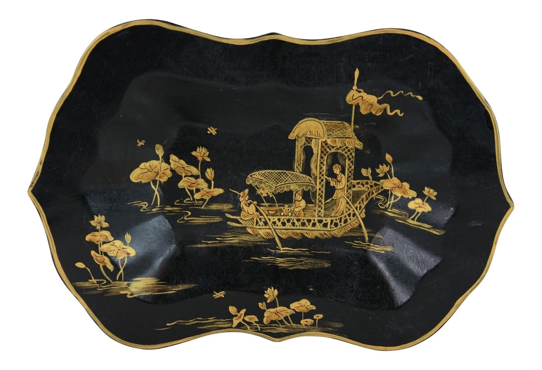 Vintage Black Background Hand Painted Chinoiserie Decorative Plate, Tray: Vintage black Hand Painted Chinoiseries Style Patterned Decorative Plateã€‚ Size:9"*14"*1" people ride the boat around Lotus flowers. Whimsicle and pleasant! Condition: Alterations: