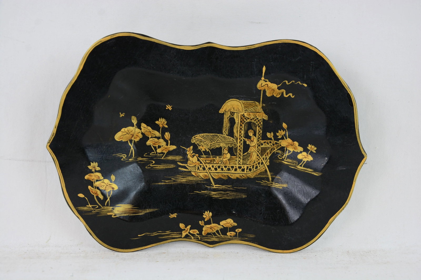 Vintage Black Background Hand Painted Chinoiserie Decorative Plate, Tray - 2