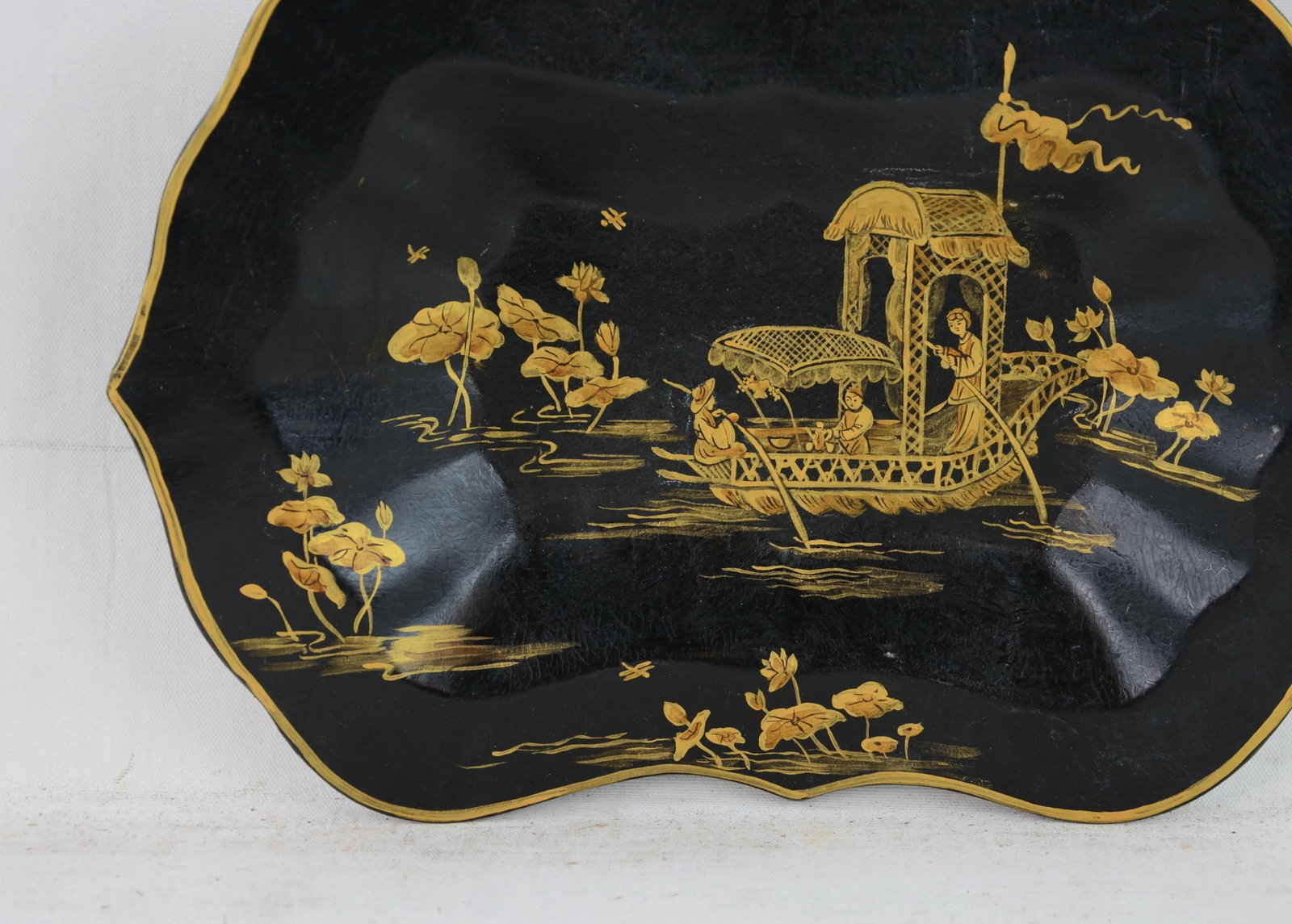 Vintage Black Background Hand Painted Chinoiserie Decorative Plate, Tray - 3