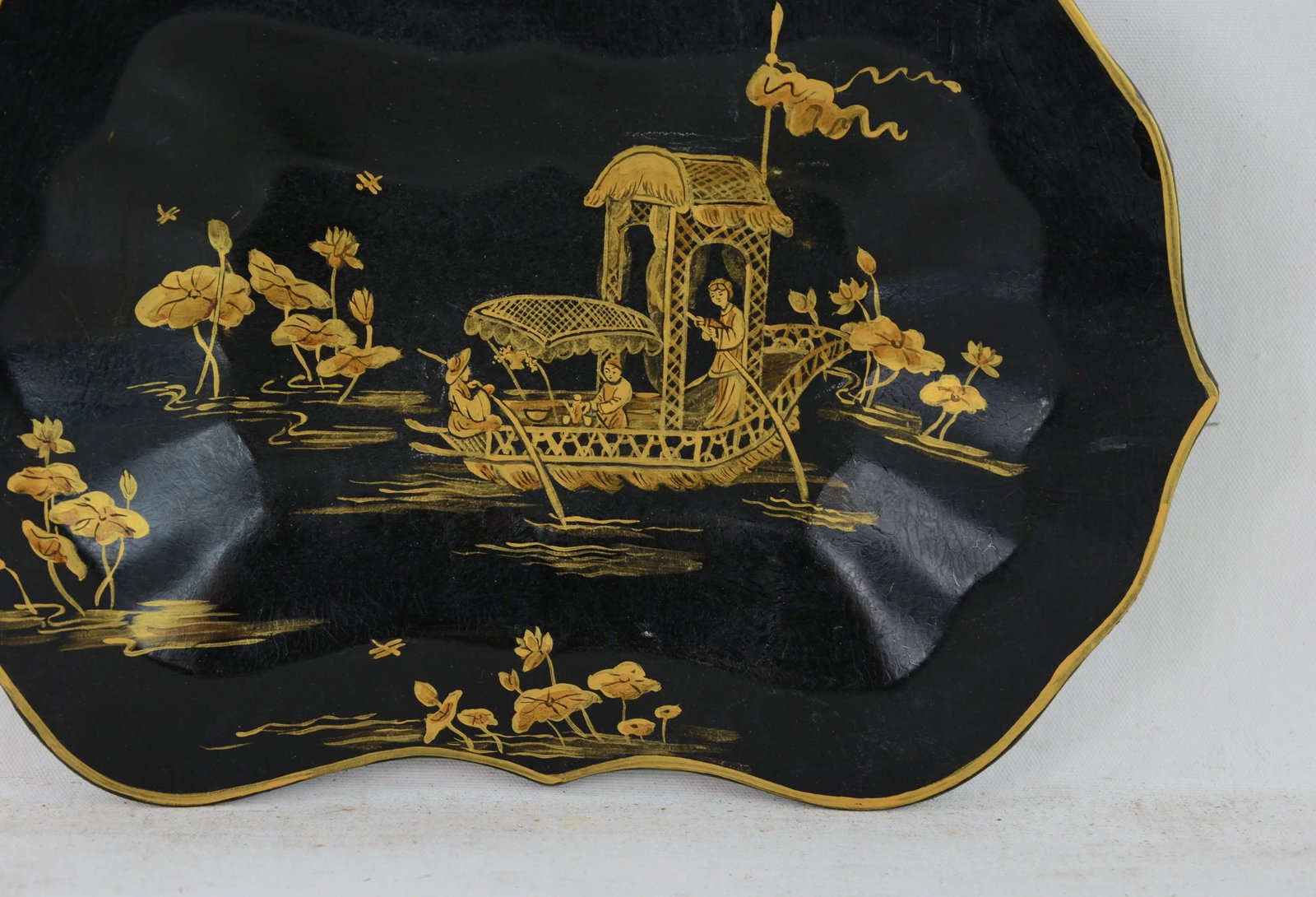 Vintage Black Background Hand Painted Chinoiserie Decorative Plate, Tray - 4