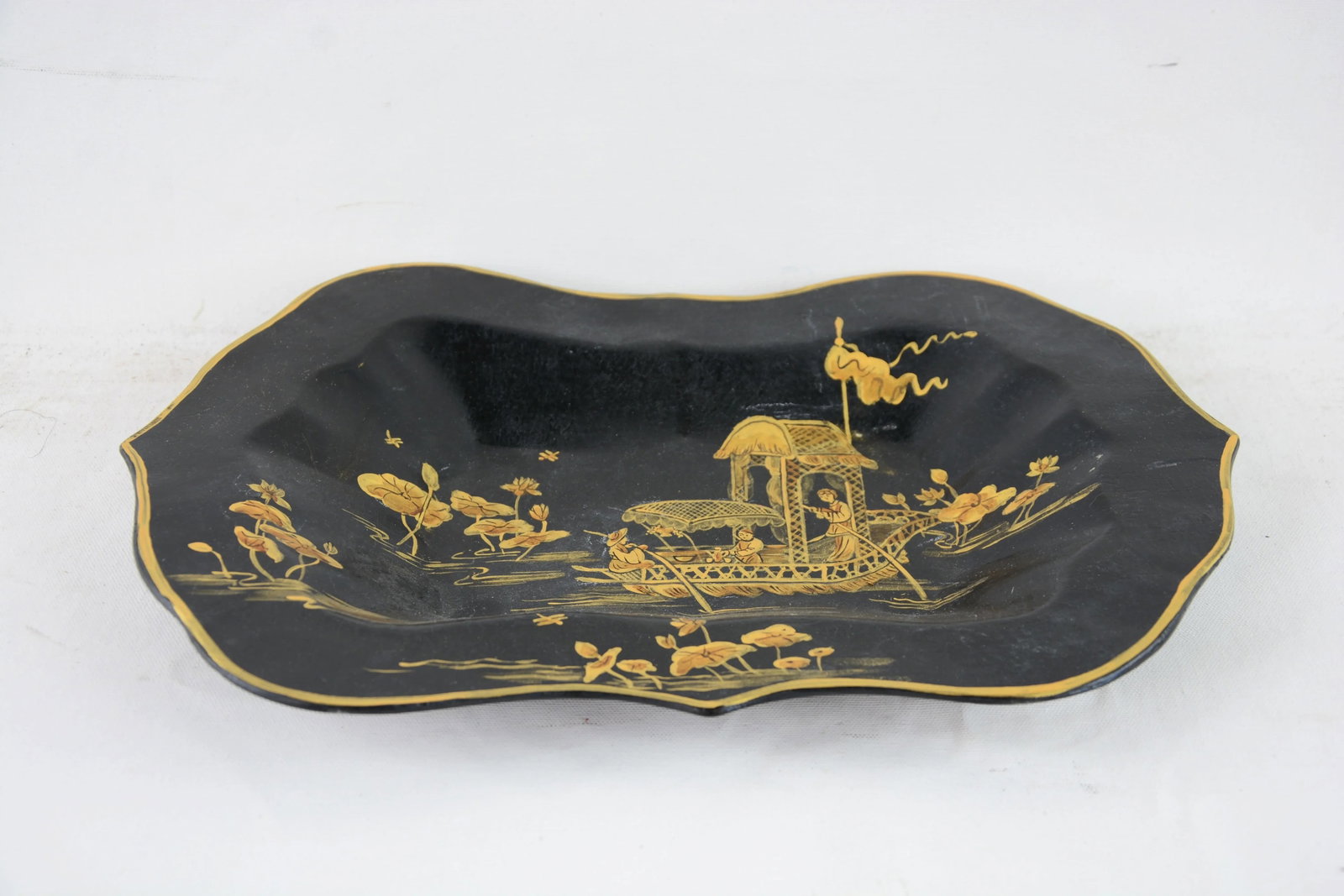 Vintage Black Background Hand Painted Chinoiserie Decorative Plate, Tray - 5