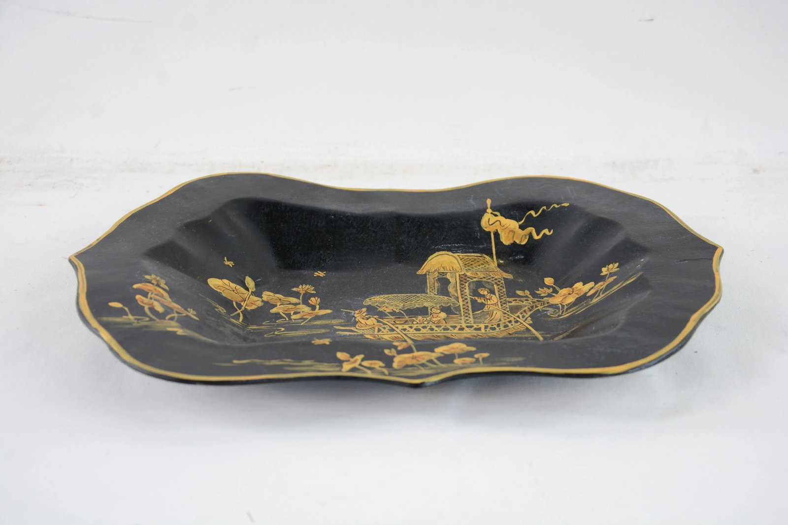 Vintage Black Background Hand Painted Chinoiserie Decorative Plate, Tray - 6