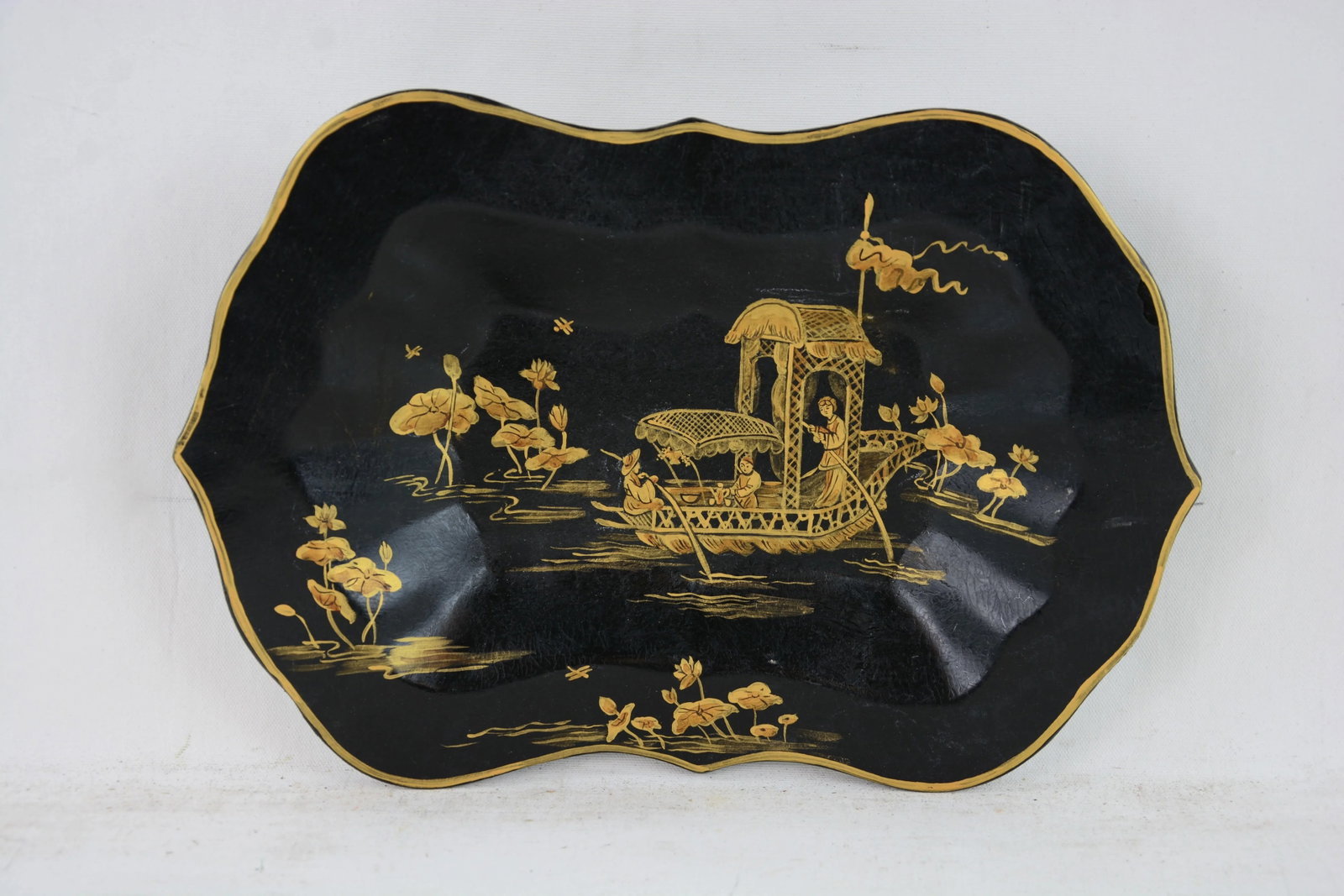 Vintage Black Background Hand Painted Chinoiserie Decorative Plate, Tray - 8