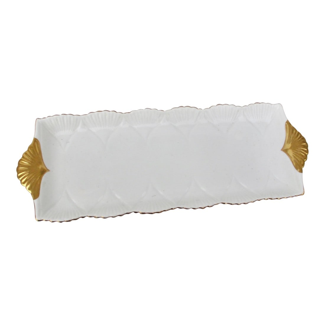 1940s Shelley Porcelain and Gold Gilt Tray: Shelley fine English porcelain. Pure white and glossy metallic gold scallop handles. Vintage porcelain from the late 1940s or 1950s. Hallmarked to the back, Shelley Fine Bone China. England. and patte