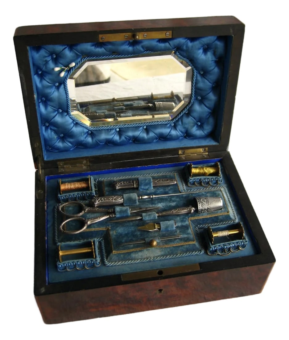 Set of 13 French Napoleon III Sewing Inlay Box: Splendid sewing box in a luxury inlay box that plays very elegantly with the different colors of wood to create stunning decor , the inside as nothing to envied to the outside , you will find a nice