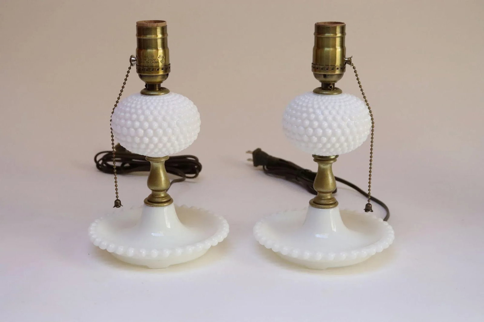 Pair of Petite Mid-Century Modern Hobnail Milk Glass Saucer Boudoir Bedside Table Lamps - 2