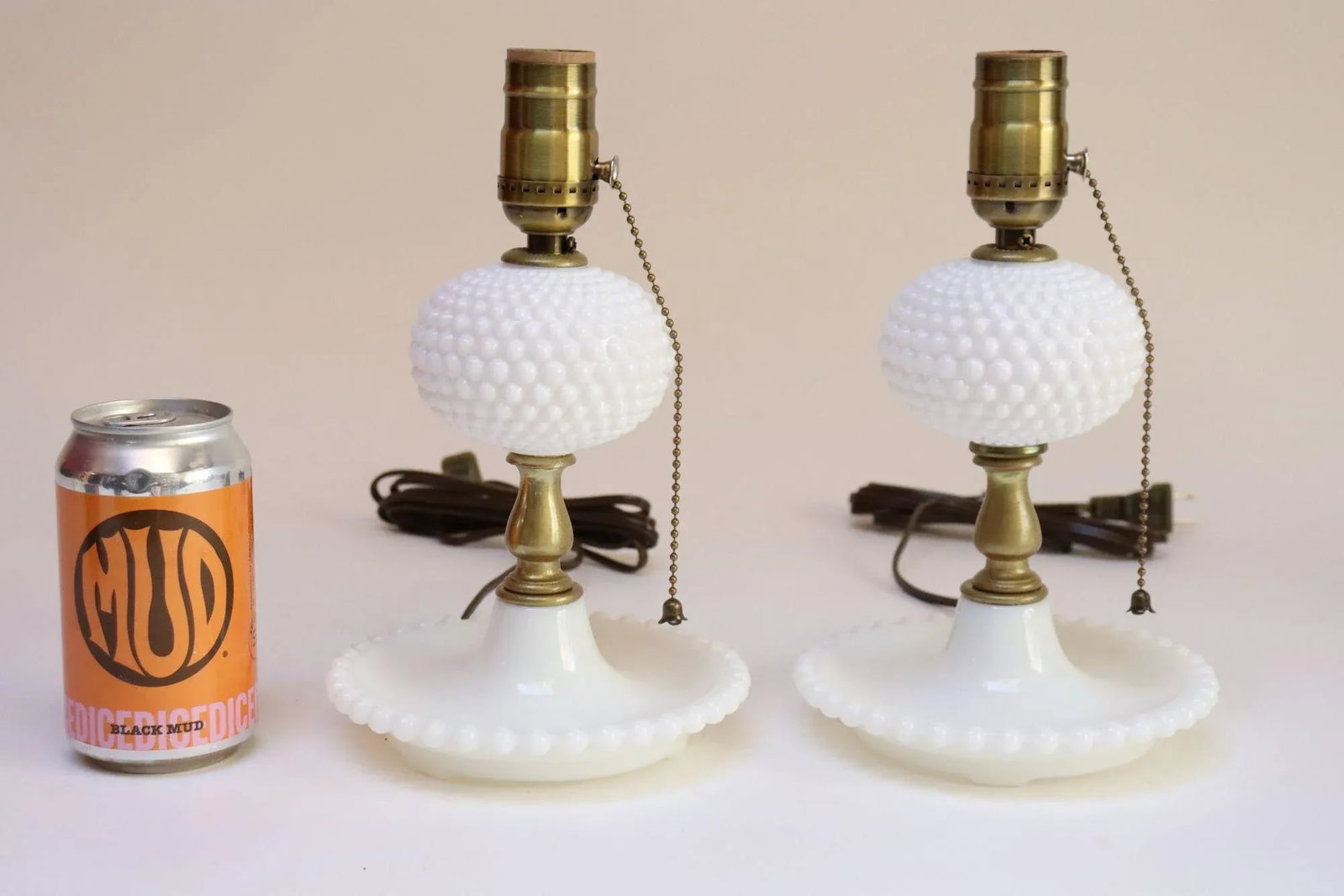 Pair of Petite Mid-Century Modern Hobnail Milk Glass Saucer Boudoir Bedside Table Lamps - 6