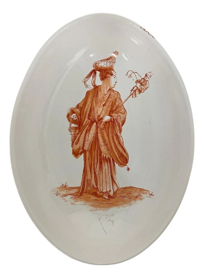 Vintage Mottahedeh Chinese Star God Lu Xing. Design Decorative Bowl: Vintage Mottahedeh Chinese Star God Lu Xing. design chinoiserie decorative bowl. A single asian man adorns the center while a floral band surrounds the outer rim. Measures 7" w x 10" d x 2.5" h.