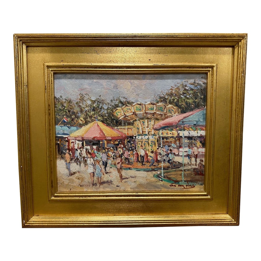 Original Painting of a Carousel by Niek Van Der Plas: Charming painterly original on canvas of a European carnival with whirling carousels and frolicking people, masterfully rendered with heavy impasto and energetic impressionistic brushstrokes. Signed