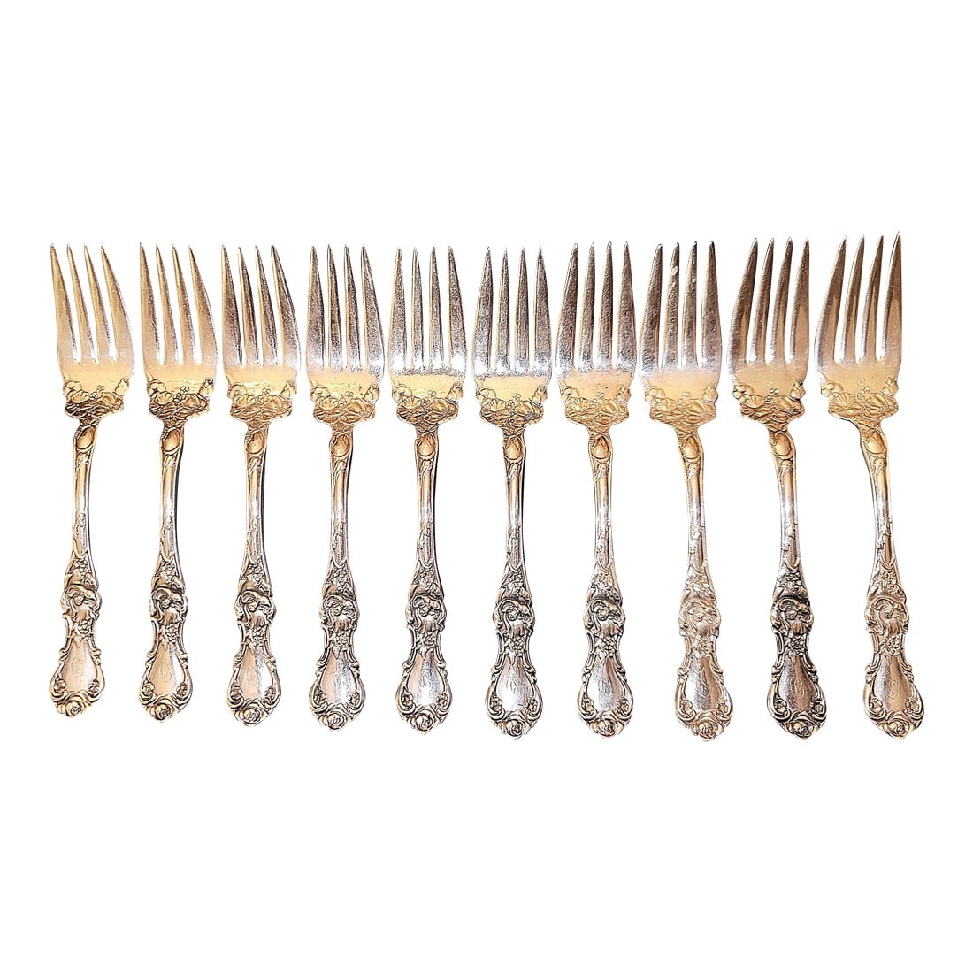 1900s Wallace Silverplated Dessert Forks, Set of 10: Elegant set of ten Wallace silverplate dessert/salad fork marked 1835 R. Wallace in fine antique condition and a lovely D monogram on front. A satisfying feel in the hand and ready for daily use.