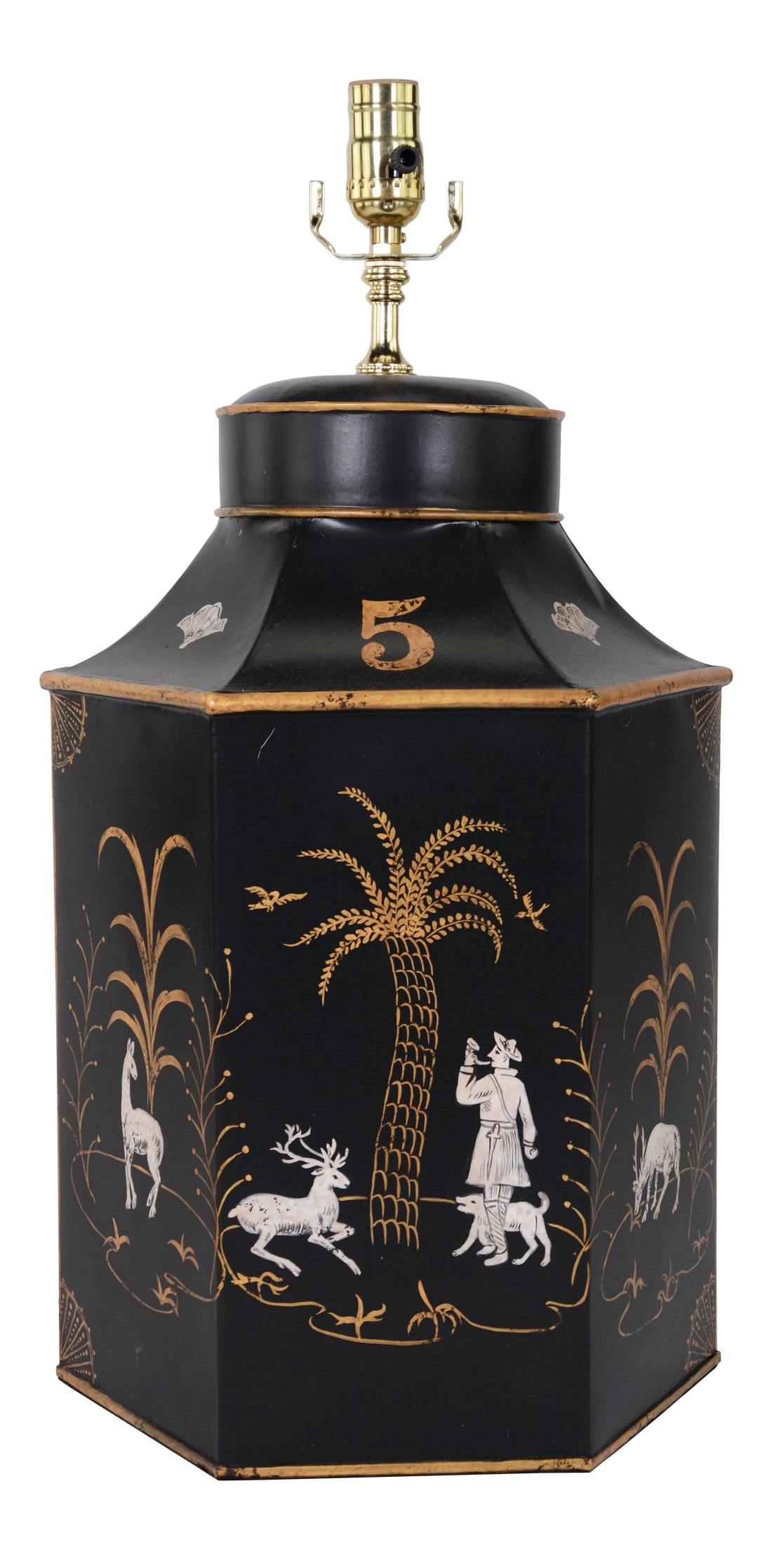 Late 20th Century Tea Caddy Lamp With Black Background and Gold-White Decorations: Table Lamp with black background and yellow accents. hunters with a hunting dog, along with stags and decorative fans and medallions are painted in white.The number 5 represents tea leaves