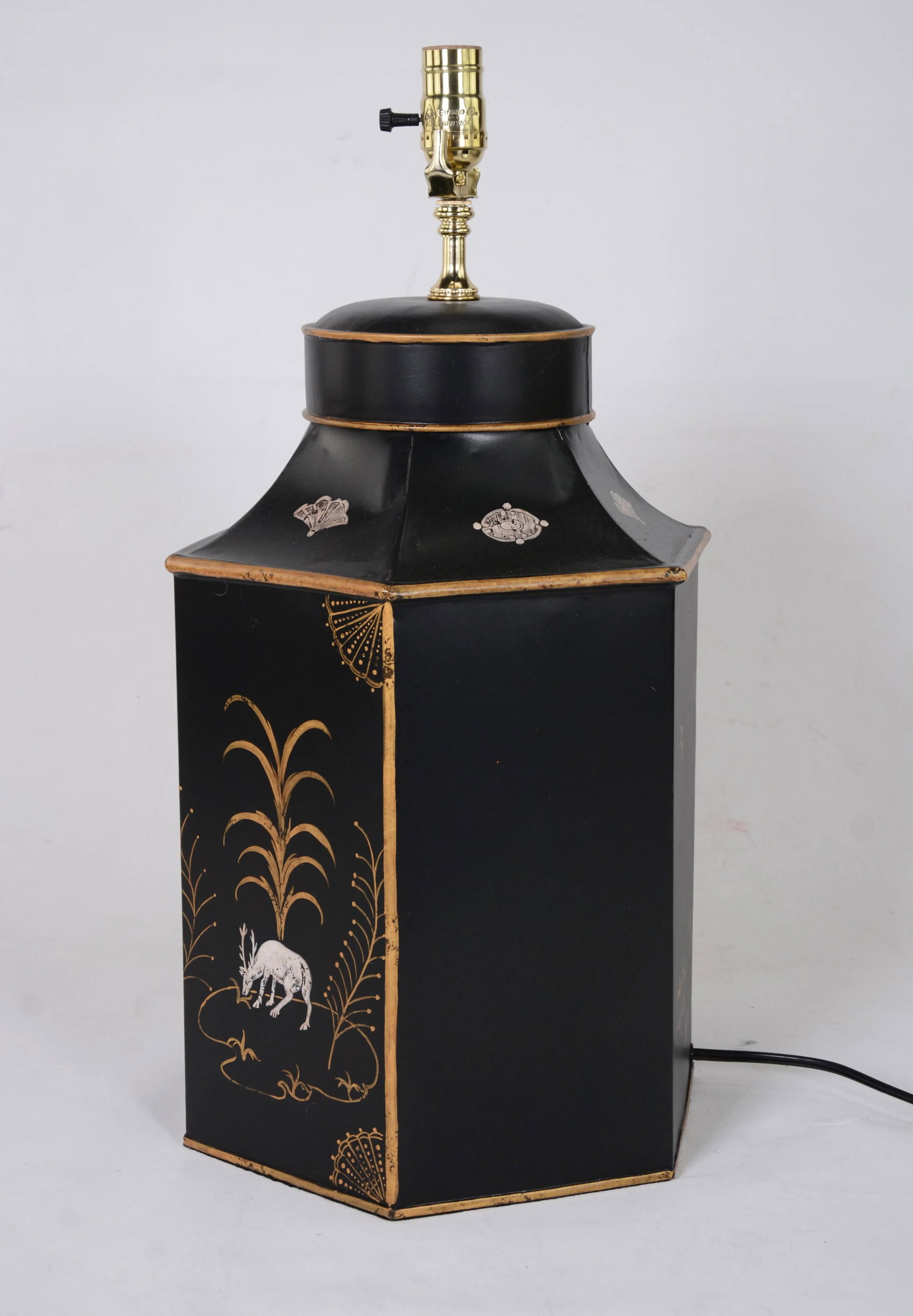 Late 20th Century Tea Caddy Lamp With Black Background and Gold-White Decorations - 4