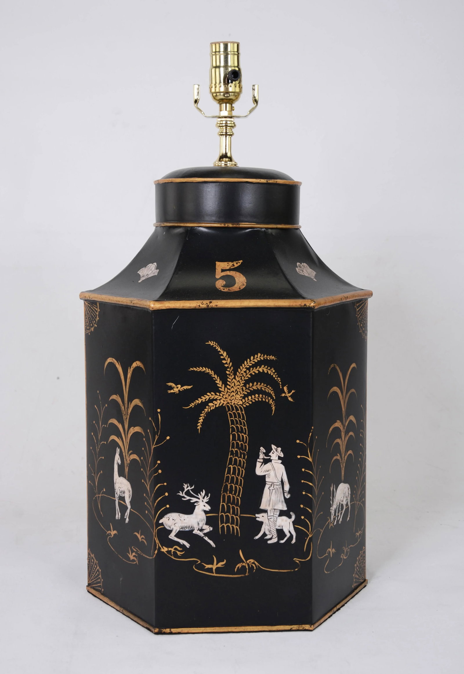 Late 20th Century Tea Caddy Lamp With Black Background and Gold-White Decorations - 8