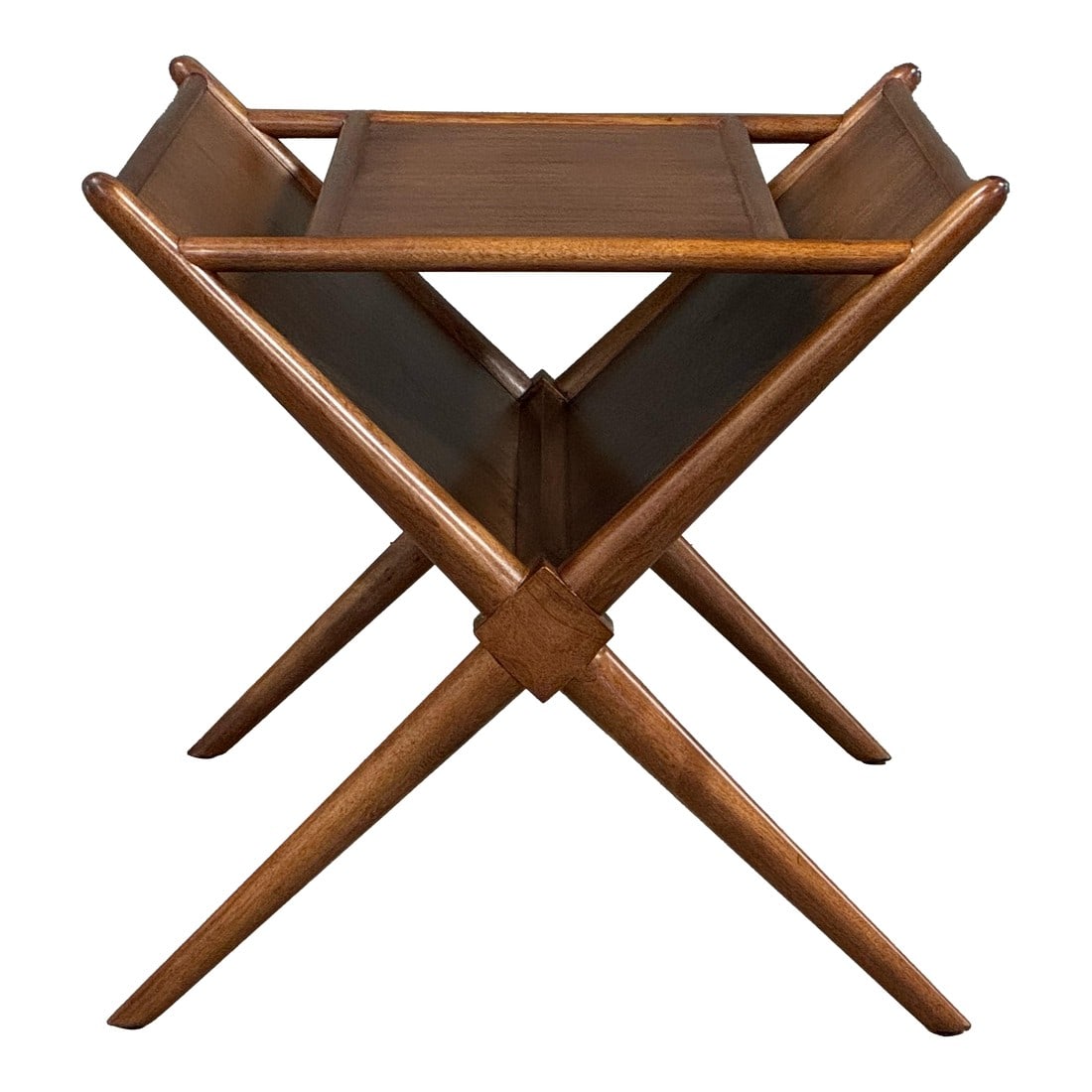 1950s Refinished Magazine Rack by t.h. Robsjohn Gibbings for Widdicomb: A mid century modern walnut magazine rack designed by T.H. Robsjohn Gibbings for Widdicomb. Made in USA. Dated 1953. Professionally refinished. 23.25" wide. 29" deep. 22.5" tall. Condition: Alteration