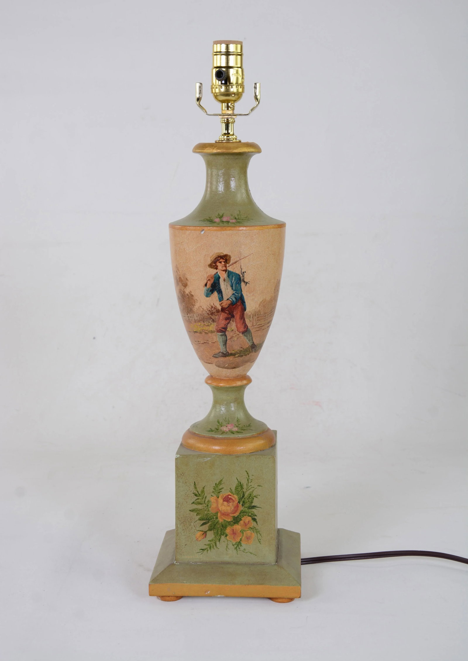Vintage British Wooden Trophy Hand-Painted Farmer Pattern Table Lamp - 7