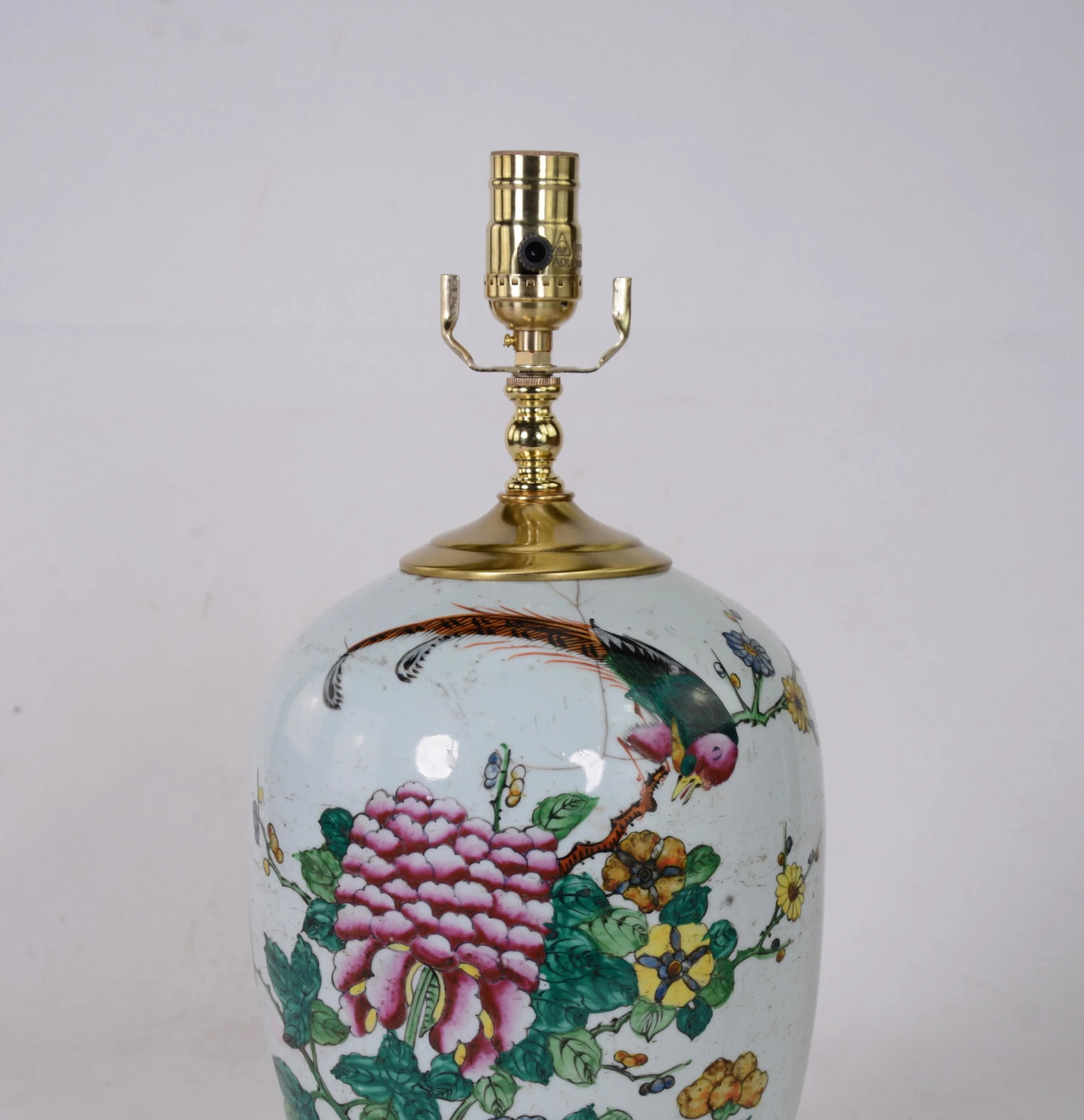 Chinese Antique Porcelain Famille Rose Jar Table Lamp With Bird, Floral Leave. - 3
