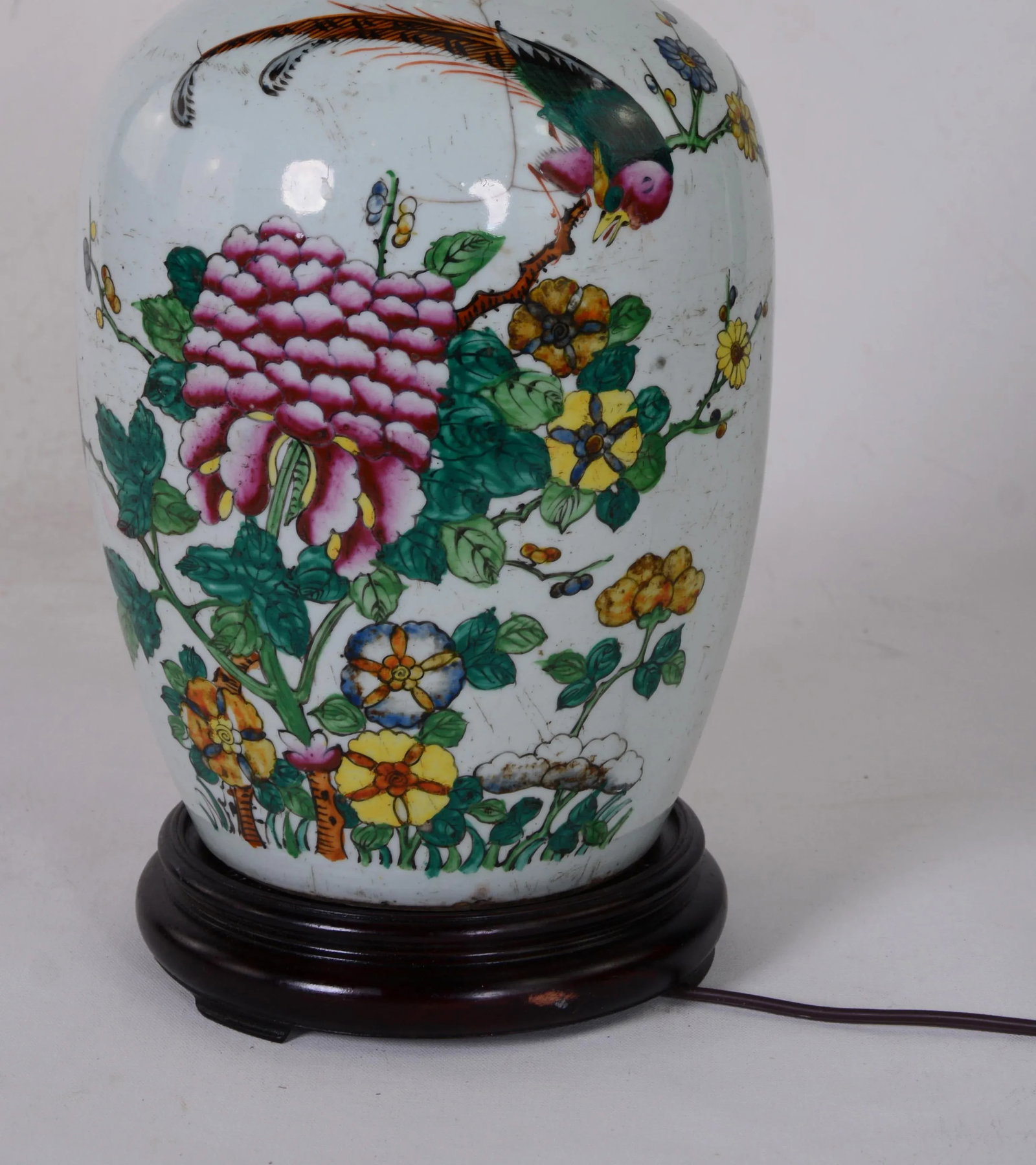 Chinese Antique Porcelain Famille Rose Jar Table Lamp With Bird, Floral Leave. - 4