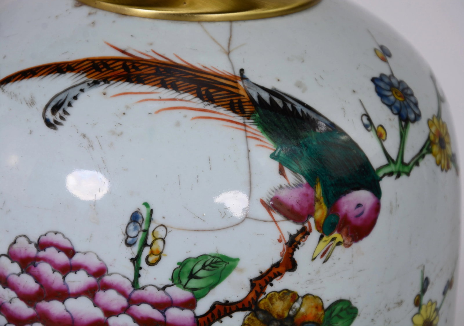 Chinese Antique Porcelain Famille Rose Jar Table Lamp With Bird, Floral Leave. - 5