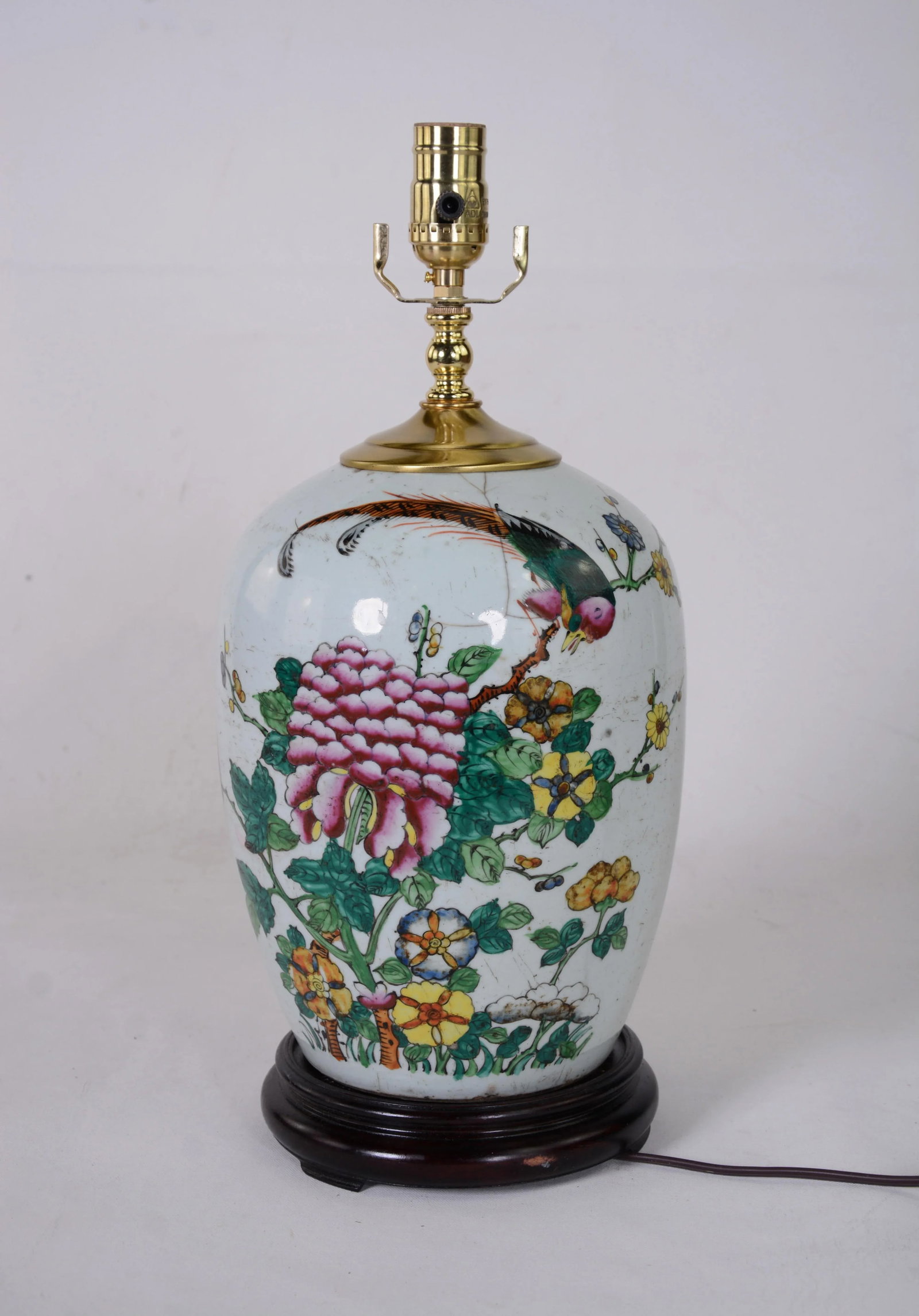 Chinese Antique Porcelain Famille Rose Jar Table Lamp With Bird, Floral Leave. - 6