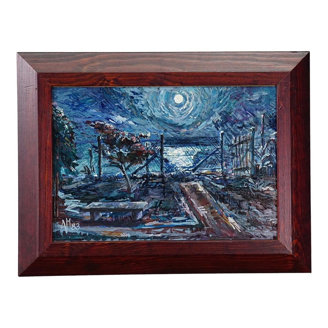 Impressionist Style Oil Painting Moonlight Scene, 1983 – Alexander Michael: Impressionist Style Oil Painting Moonlight Scene, 1983 – Alexander Michael In this evocative nocturnal landscape, Alexander Michael captures the quiet poetry of a moonlit evening by the sea. A