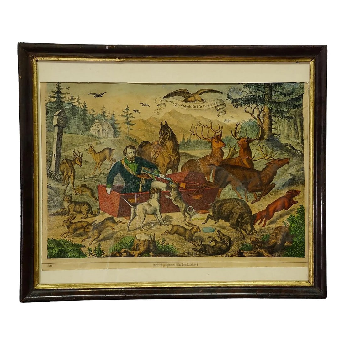Antique Print 'The Hunter's Awakening', Germany Late 19th Century: Antique Print 'The Hunter's Awakening', Germany late 19th century This piece is a color lithograph titled 'The Hunter's Awakening' from the 19th century. It's a satirical artwork in which the animals