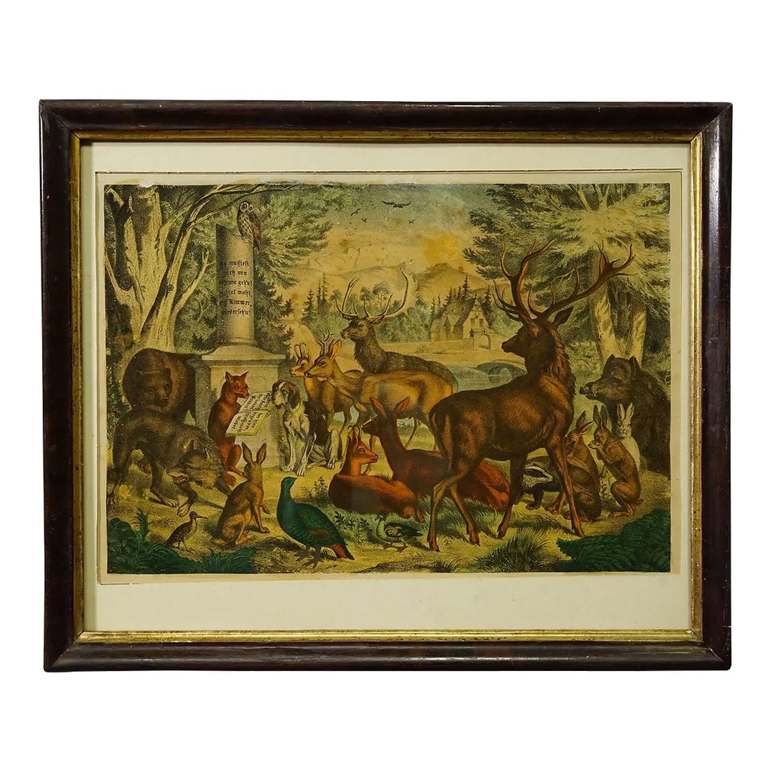 Antique Print 'The Hunters Tomp', Germany Late 19th Century: Antique Print 'The Hunters Tomp', Germany late 19th century A colorful antique print depicting a group of animals like stag, wild boar, hare, staghound and deer visiting the tomp of the hunter. Framed