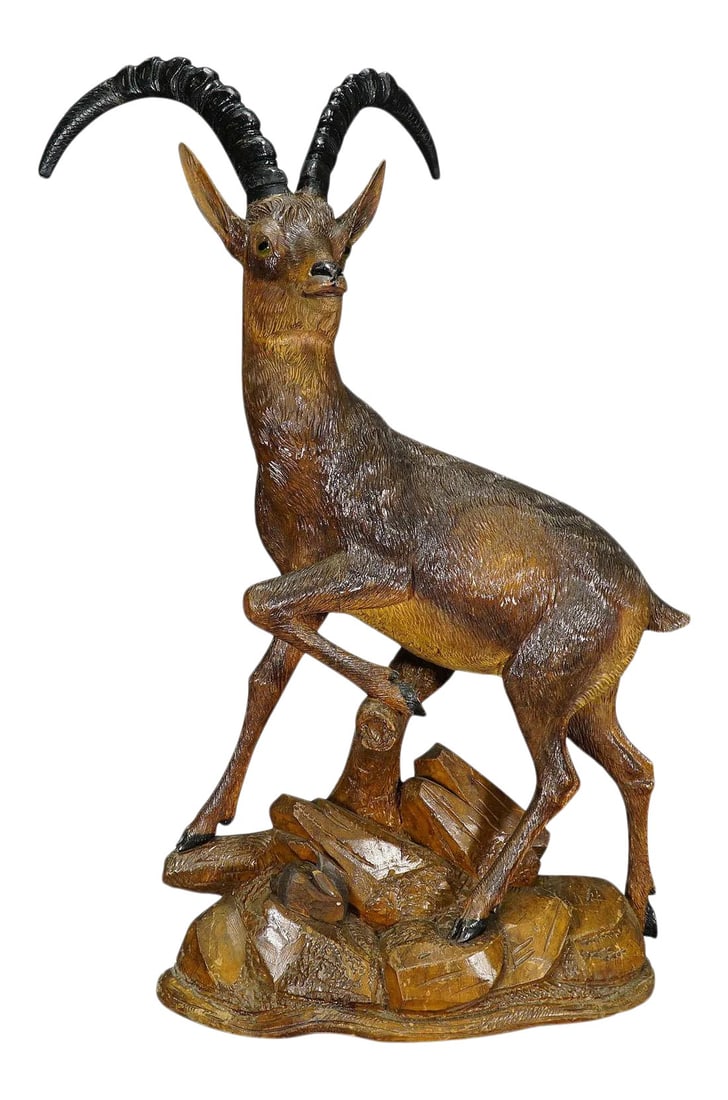 Large Black Forest Woodcarving Ibex Sculpture, Austria Ca. 1920: Large Black Forest Woodcarving Ibex Sculpture, Austria ca. 1920 An antique early 20th century wooden carved sculpture of an ibex. Handcarved in lindenwood with naturalistic details - most probably in