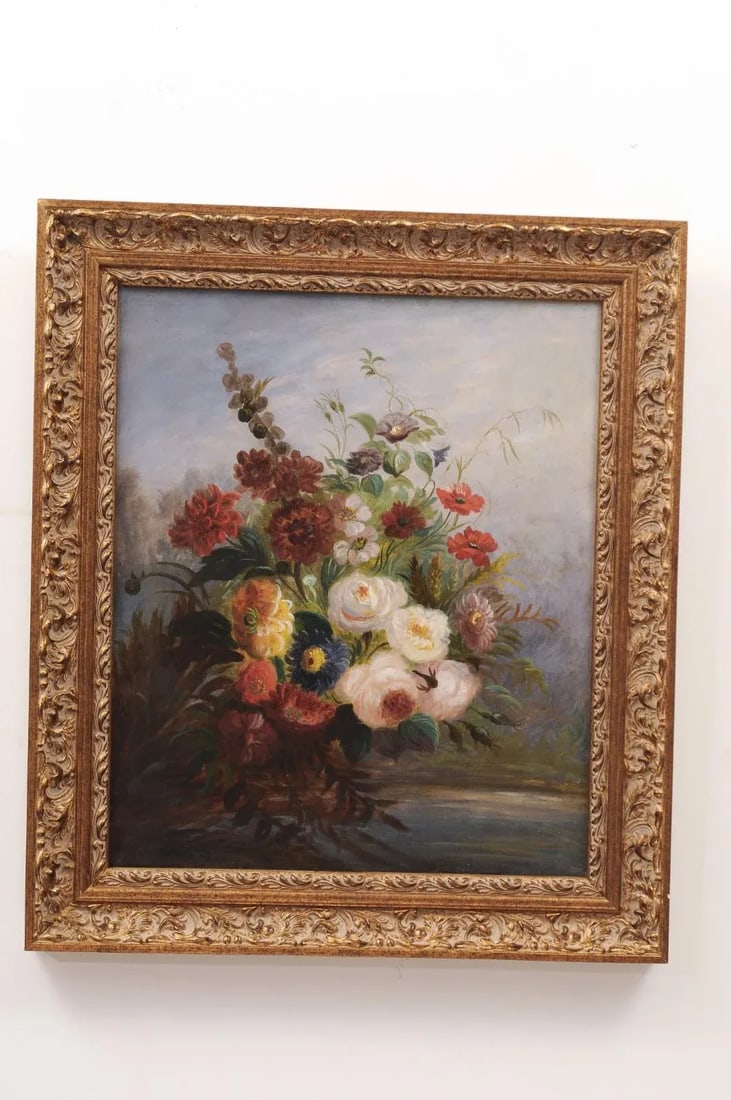 19th Century French Floral Still Life Oil Painting, Framed - 5