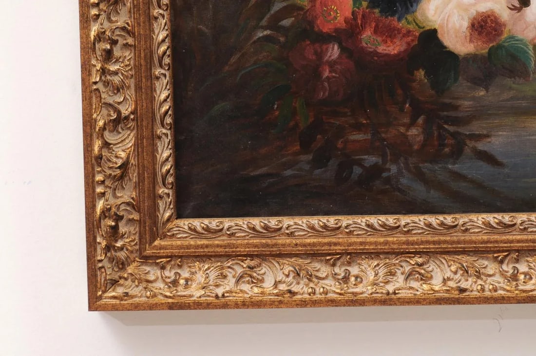 19th Century French Floral Still Life Oil Painting, Framed - 7