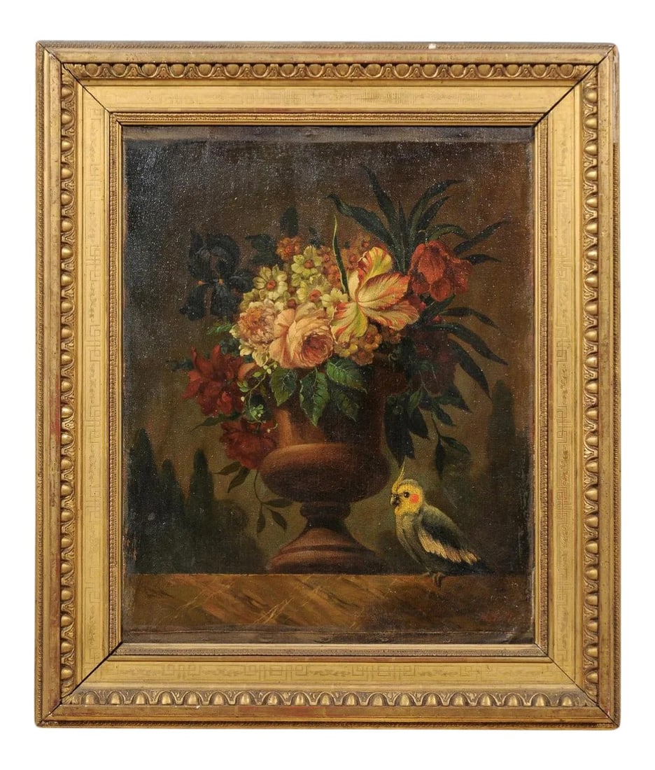 18th Century French Floral Still Life Oil Painting, Framed: A French framed oil on canvas still-life painting from the 18th century, depicting a bouquet of flowers and a parakeet. Born in France during the Age of Enlightenment, this lovely oil painting of