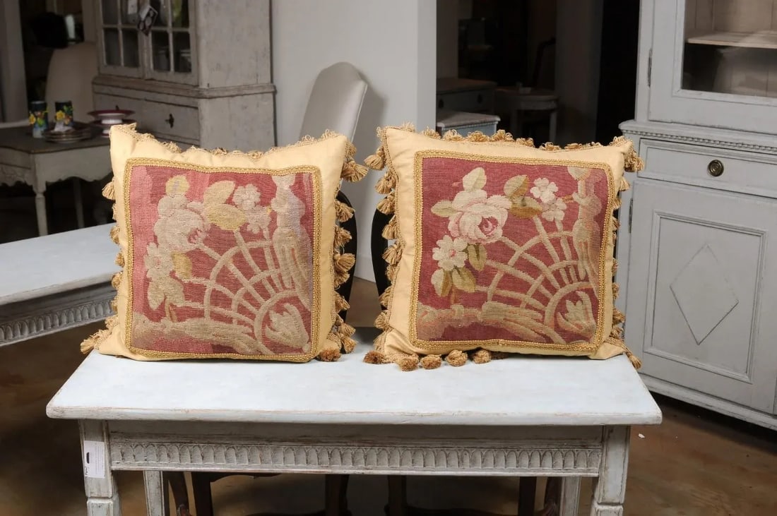 French 19th Century Aubusson Tapestry Pillows with Floral Decor - a Pair - 2